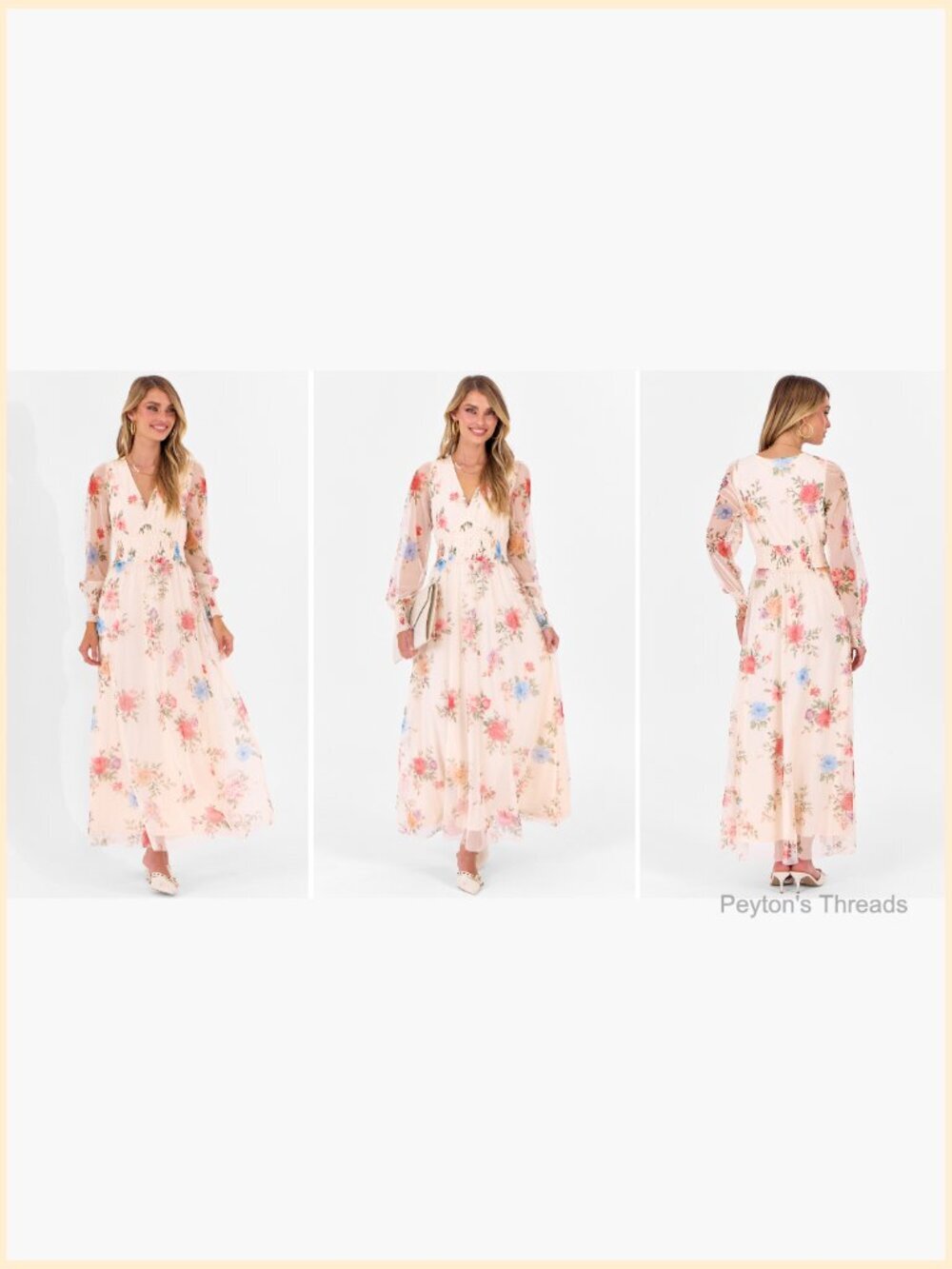 Floral Maxi Dress V Neck Puff Long Sleeve Flowy Casual Wedding Guest Tulle Dress - Picture 7 of 7